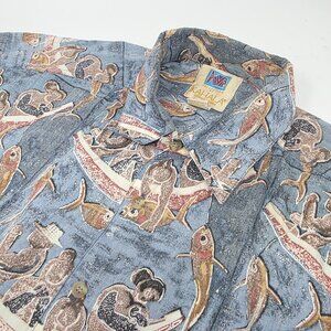 Kahala AVI Vintage 90s Hawaiian Camp Shirt Mens L Fish Patterned USA